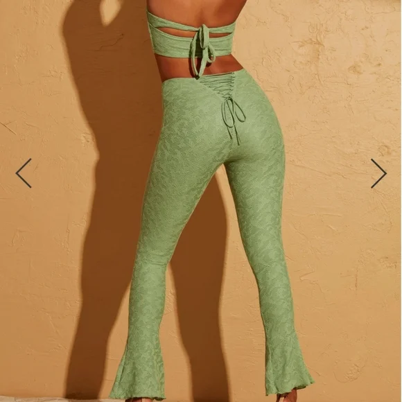 Oh Polly Zuni Lace Up Back Petite Trousers in Green - Picture 4 of 7